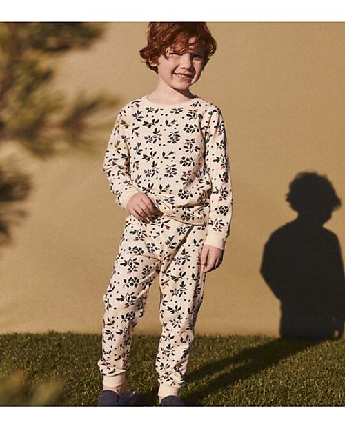Petit Bateau Long-Sleeved Fleece Pajamas with Flower Pattern - Avalanche White/Multico - 100% Cotton Pyjamas