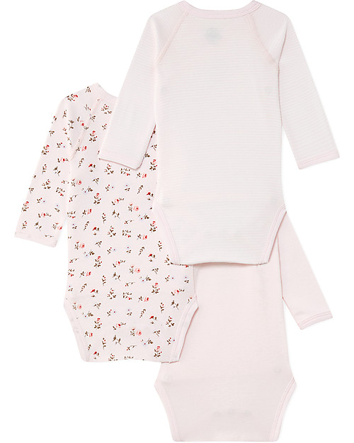 Petit Bateau Long-Sleeved Kimono Bodysuits (Set of 3), Various Colours - 100% Cotton Short Rompers