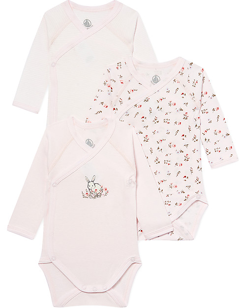 Petit Bateau Long-Sleeved Kimono Bodysuits (Set of 3), Various Colours - 100% Cotton Short Rompers