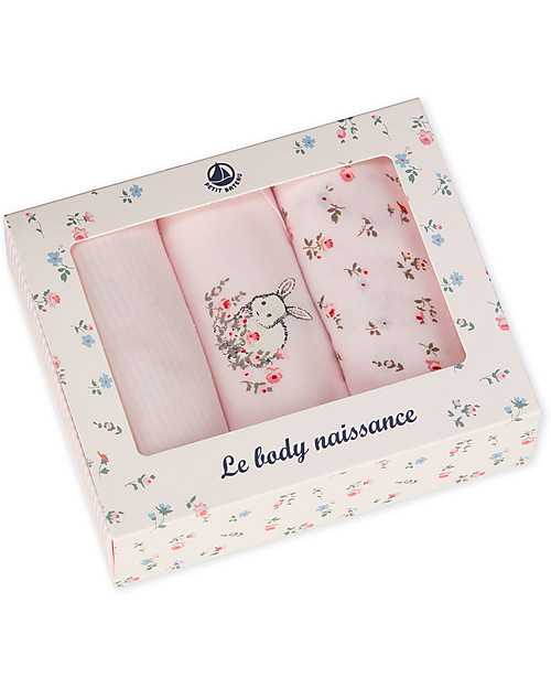 Petit Bateau Long-Sleeved Kimono Bodysuits (Set of 3), Various Colours - 100% Cotton Short Rompers