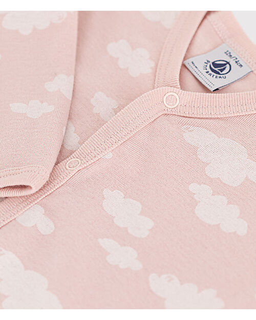 Petit Bateau Long Sleeves Romper - No Feet - Clouds - Pink - 100% Organic Cotton Babygrows