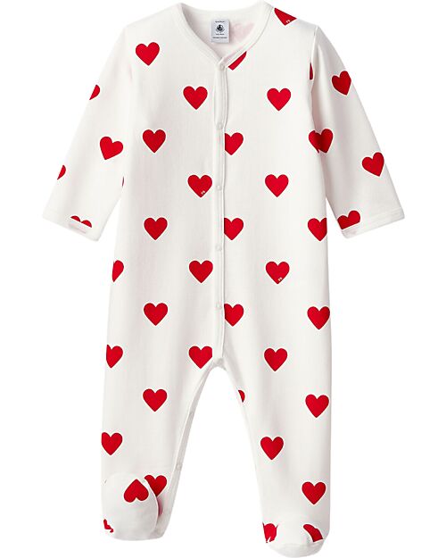 Petit Bateau Long Sleeves Romper - with Feet - White with Hearts - 100% Organic Cotton Babygrows