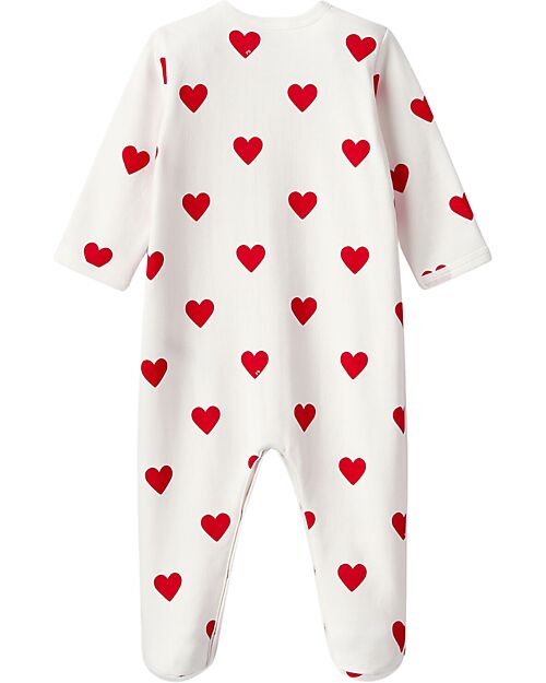 Petit Bateau Long Sleeves Romper - with Feet - White with Hearts - 100% Organic Cotton Babygrows
