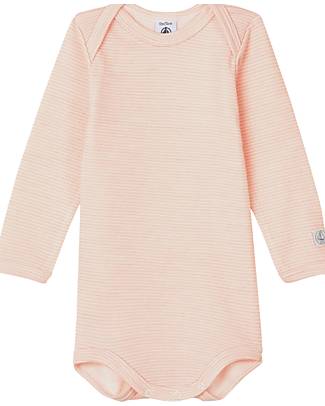 Petit Bateau Long-Sleveed Bodysuit - Striped Pink - Wool and Organic Cotton Long Sleeves Bodies