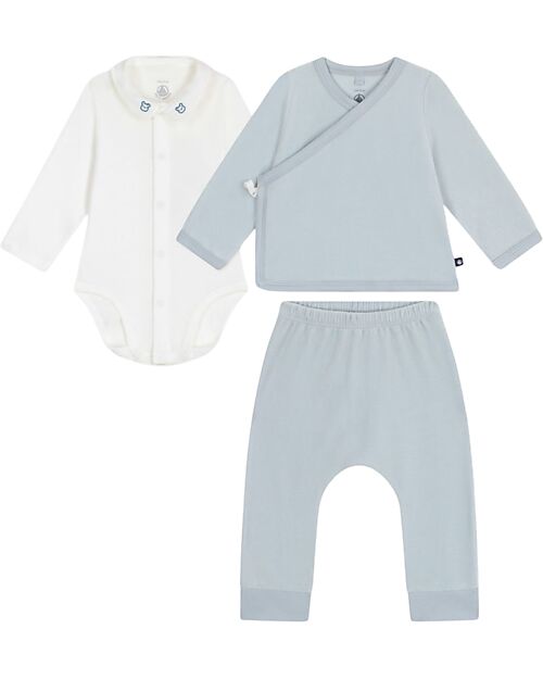 Petit Bateau Newborn Gift Set - Cardigan, Bodysuit and Pants - White and Light Blue - 100% Cotton Sets And Co-Ords