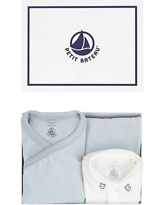 Petit Bateau Newborn Gift Set - Cardigan, Bodysuit and Pants - White and Light Blue - 100% Cotton Sets And Co-Ords