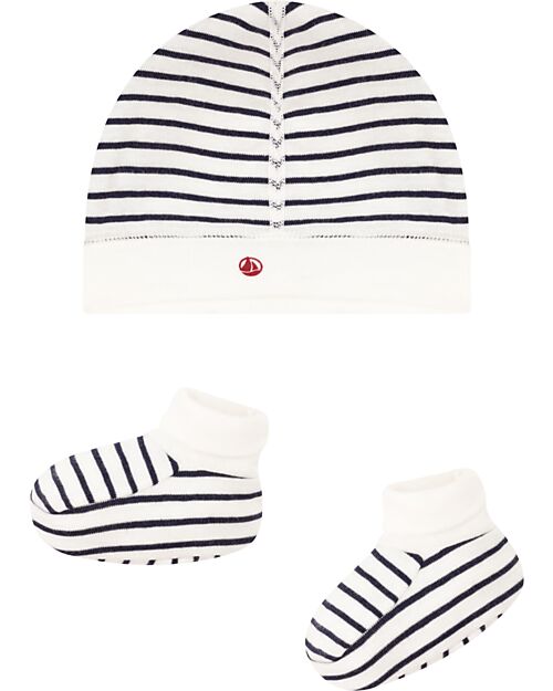 Petit Bateau Newborn Set Hat and Booties - White and Blue Stripes – 100% Cotton Newborn Hats