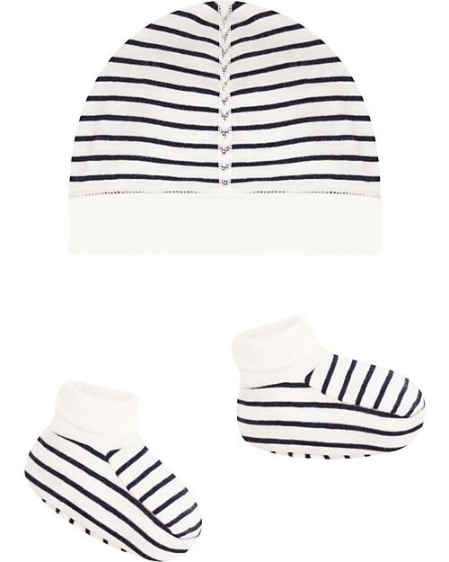 Petit Bateau Newborn Set Hat and Booties - White and Blue Stripes – 100% Cotton Newborn Hats