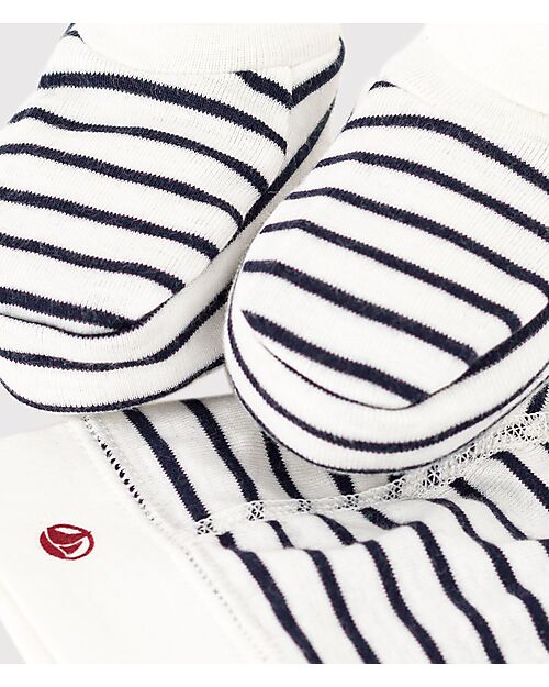 Petit Bateau Newborn Set Hat and Booties - White and Blue Stripes – 100% Cotton Newborn Hats