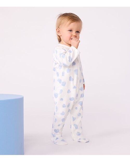 Petit Bateau One-Piece Sleepsuit in Brushed Fleece Fabric - White with Blue Hearts - 100% Cotton Babygrows
