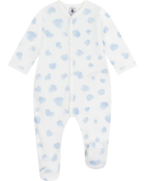 Petit Bateau One-Piece Sleepsuit in Brushed Fleece Fabric - White with Blue Hearts - 100% Cotton Babygrows