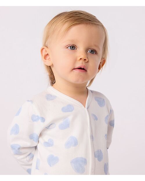 Petit Bateau One-Piece Sleepsuit in Brushed Fleece Fabric - White with Blue Hearts - 100% Cotton Babygrows