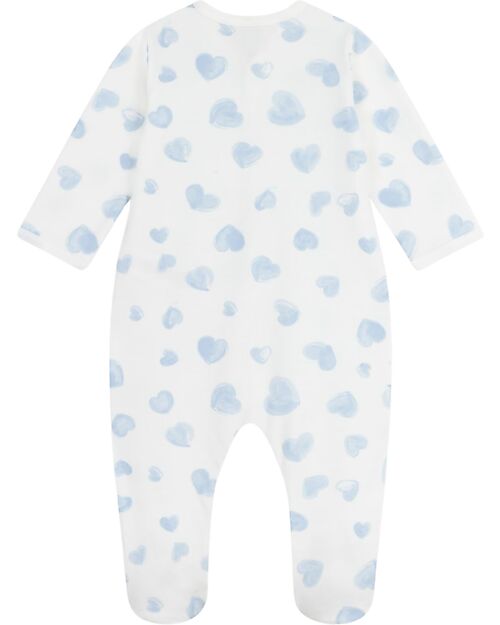 Petit Bateau One-Piece Sleepsuit in Brushed Fleece Fabric - White with Blue Hearts - 100% Cotton Babygrows