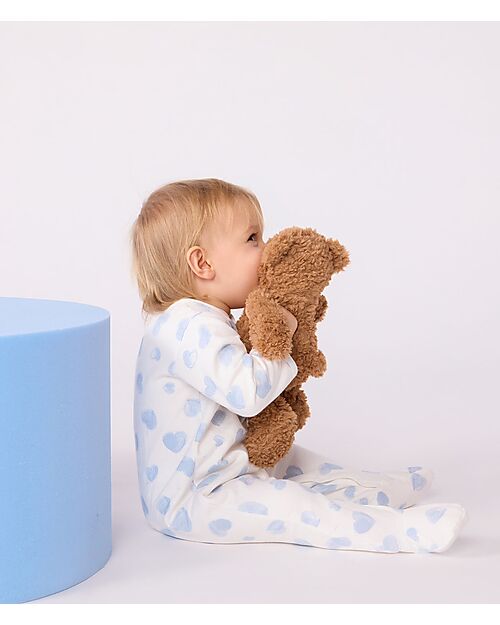 Petit Bateau One-Piece Sleepsuit in Brushed Fleece Fabric - White with Blue Hearts - 100% Cotton Babygrows