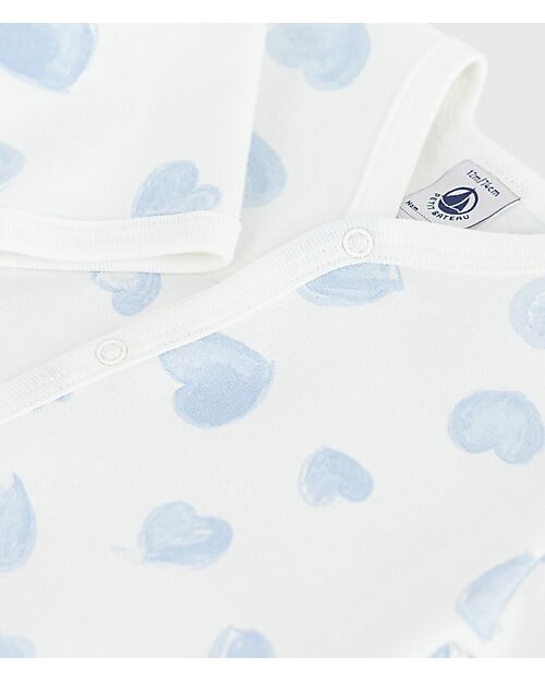 Petit Bateau One-Piece Sleepsuit in Brushed Fleece Fabric - White with Blue Hearts - 100% Cotton Babygrows