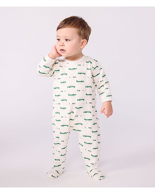 Petit Bateau One-Piece Sleepsuit in Brushed Fleece Fabric – White with Crocodiles – Back Opening – 100% Cotton Babygrows