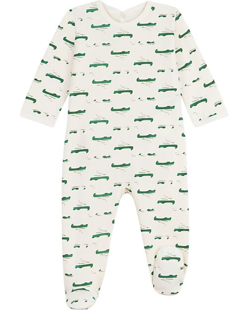 Petit Bateau One-Piece Sleepsuit in Brushed Fleece Fabric – White with Crocodiles – Back Opening – 100% Cotton Babygrows