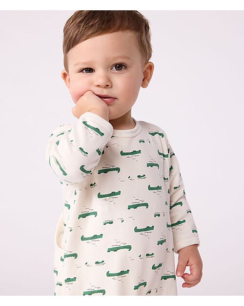 Petit Bateau One-Piece Sleepsuit in Brushed Fleece Fabric – White with Crocodiles – Back Opening – 100% Cotton Babygrows