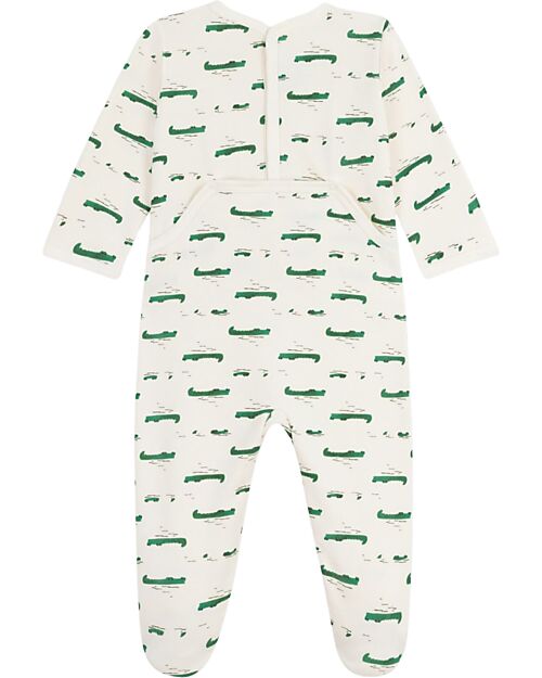 Petit Bateau One-Piece Sleepsuit in Brushed Fleece Fabric – White with Crocodiles – Back Opening – 100% Cotton Babygrows