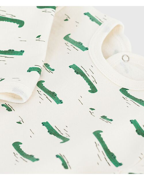 Petit Bateau One-Piece Sleepsuit in Brushed Fleece Fabric – White with Crocodiles – Back Opening – 100% Cotton Babygrows