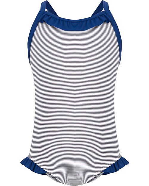 Petit Bateau One Piece Swimsuit - White/Blue - Striped - with Volant Swimsuits