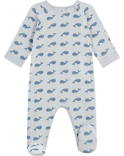 Petit Bateau One-Piece Velvet Sleepsuit with Zip - Whales - 100% Cotton Babygrows