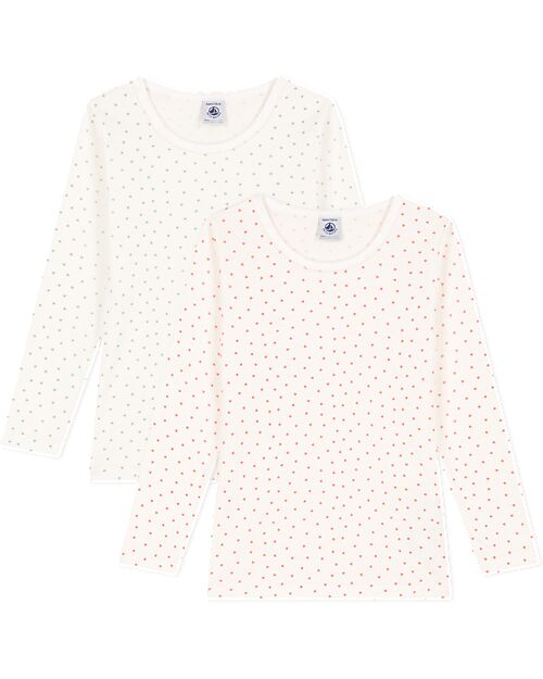 Petit Bateau Pack of 2 Long Sleeved T-Shirt - Off White Hearts - Cotton Long Sleeves Tops