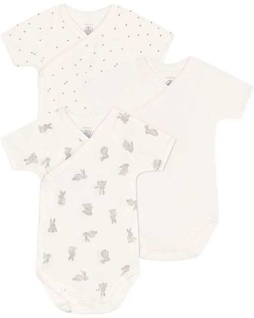 Petit Bateau Pack of 3 Cross-over Short Sleeve Bodysuits - White - Bunnies - Stars - 100% Cotton Short Sleeves Bodies