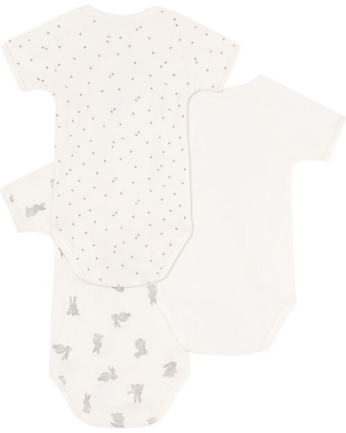 Petit Bateau Pack of 3 Cross-over Short Sleeve Bodysuits - White - Bunnies - Stars - 100% Cotton Short Sleeves Bodies