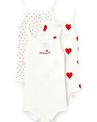 Petit Bateau Pack of 3 Strappy Leotards - White/Hearts - 100% Organic Cotton Short Sleeves Bodies