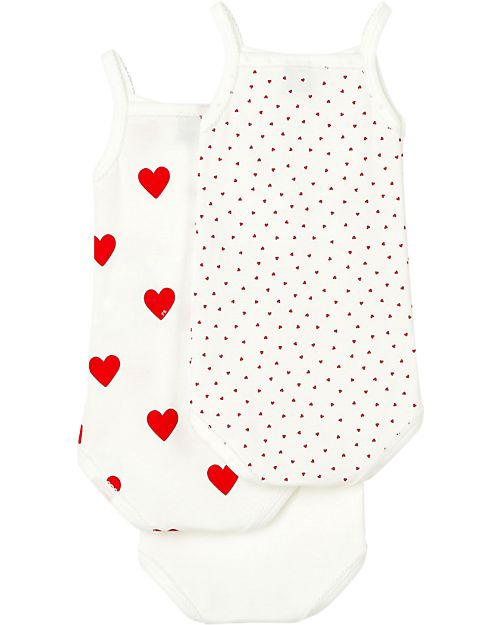 Petit Bateau Pack of 3 Strappy Leotards - White/Hearts - 100% Organic Cotton Short Sleeves Bodies