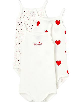 Petit Bateau Pack of 3 Strappy Leotards - White/Hearts - 100% Organic Cotton Short Sleeves Bodies