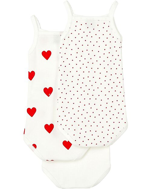 Petit Bateau Pack of 3 Strappy Leotards - White/Hearts - 100% Organic Cotton Short Sleeves Bodies
