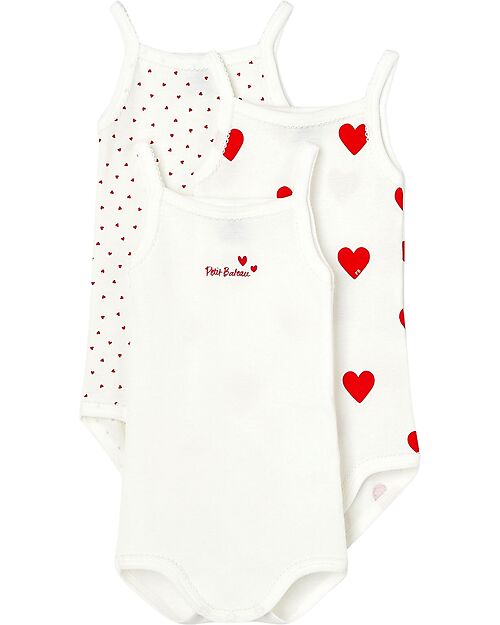 Petit Bateau Pack of 3 Strappy Leotards - White/Hearts - 100% Organic Cotton Short Sleeves Bodies