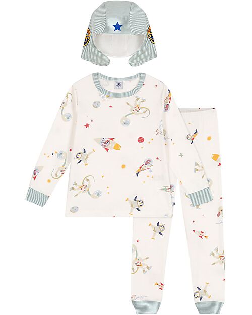 Petit Bateau Pajama Set - Shirt/Pants + Astronaut Helmet - Space - White and Light Blue - 100% Cotton Pyjamas