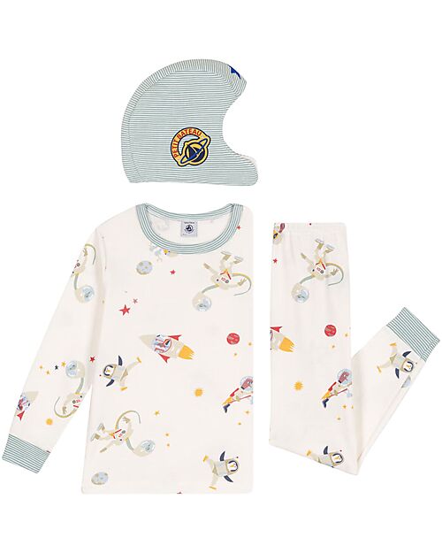 Petit Bateau Pajama Set - Shirt/Pants + Astronaut Helmet - Space - White and Light Blue - 100% Cotton Pyjamas