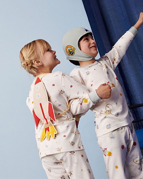 Petit Bateau Pajama Set - Shirt/Pants + Astronaut Helmet - Space - White and Light Blue - 100% Cotton Pyjamas