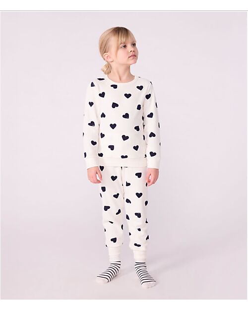 Petit Bateau Pajama Set - Shirt/Pants - Blue Hearts - White - Cotton Terry Pyjamas