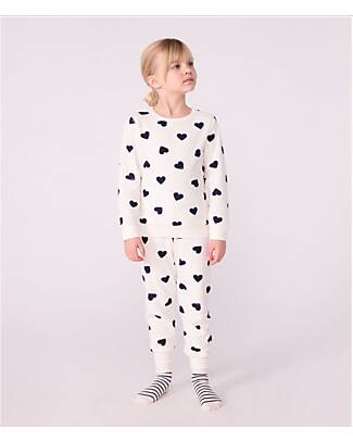 Petit Bateau Pajama Set - Shirt/Pants - Blue Hearts - White - Cotton Terry Pyjamas