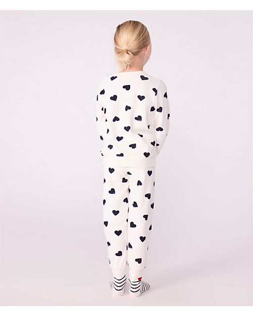 Petit Bateau Pajama Set - Shirt/Pants - Blue Hearts - White - Cotton Terry Pyjamas