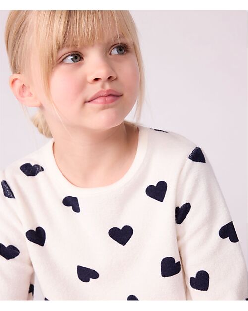 Petit Bateau Pajama Set - Shirt/Pants - Blue Hearts - White - Cotton Terry Pyjamas