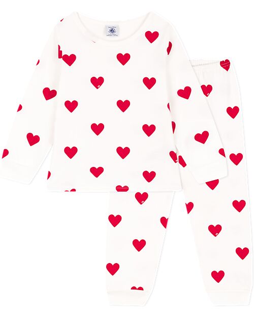 Petit Bateau Pajama Set - Shirt/Pants - Hearts - White and Red - 100% Brushed Cotton Pyjamas