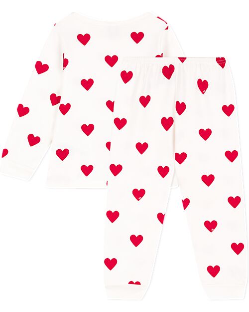 Petit Bateau Pajama Set - Shirt/Pants - Hearts - White and Red - 100% Brushed Cotton Pyjamas