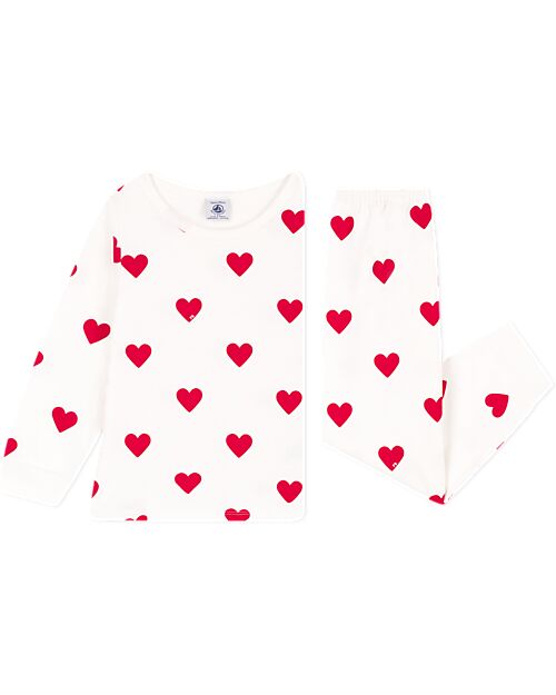 Petit Bateau Pajama Set - Shirt/Pants - Hearts - White and Red - 100% Brushed Cotton Pyjamas