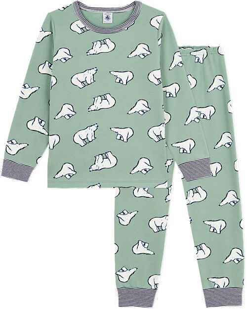 Petit Bateau Pajama Set - Shirt/Pants - Polar Bear - Sage Green - 100% Brushed Cotton Pyjamas