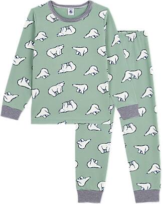 Petit Bateau Pajama Set - Shirt/Pants - Polar Bear - Sage Green - 100% Brushed Cotton Pyjamas