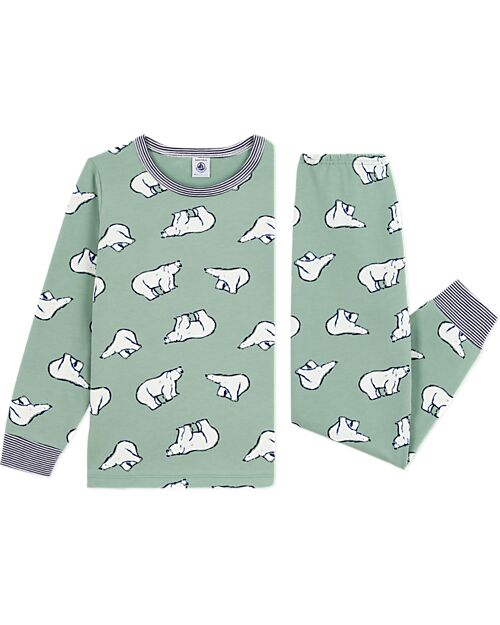 Petit Bateau Pajama Set - Shirt/Pants - Polar Bear - Sage Green - 100% Brushed Cotton Pyjamas