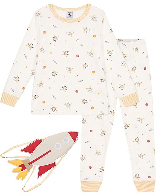Petit Bateau Pajama Set - Shirt/Pants + Rocket - Space - White and Marshmallow - 100% Cotton Pyjamas