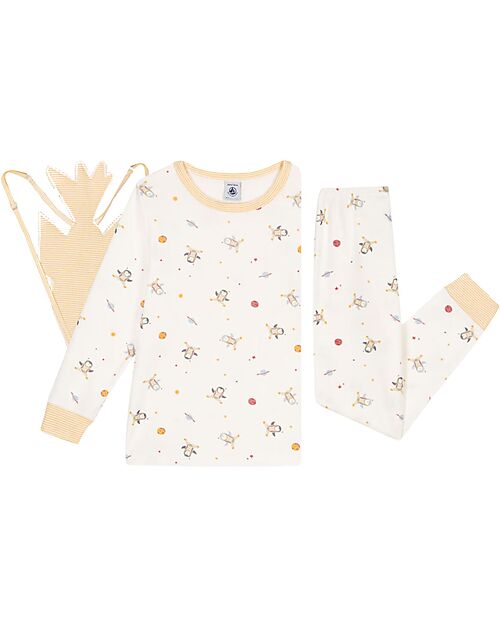Petit Bateau Pajama Set - Shirt/Pants + Rocket - Space - White and Marshmallow - 100% Cotton Pyjamas