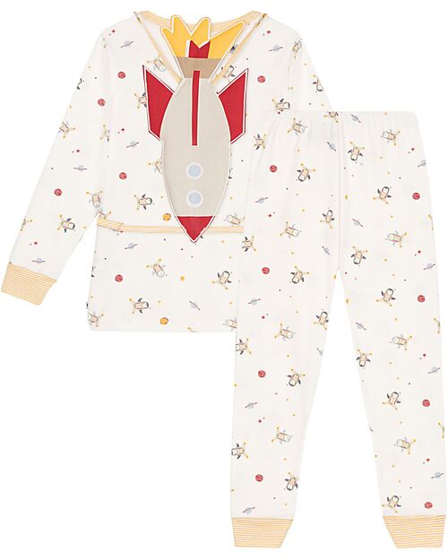 Petit Bateau Pajama Set - Shirt/Pants + Rocket - Space - White and Marshmallow - 100% Cotton Pyjamas